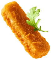 A fish finger falling beside a rocket leaf