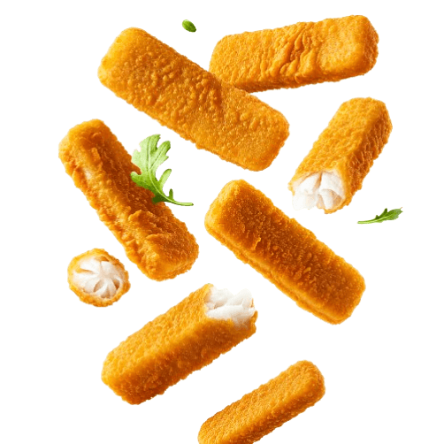 Fish fingers tumbling through the air with rocket leaves